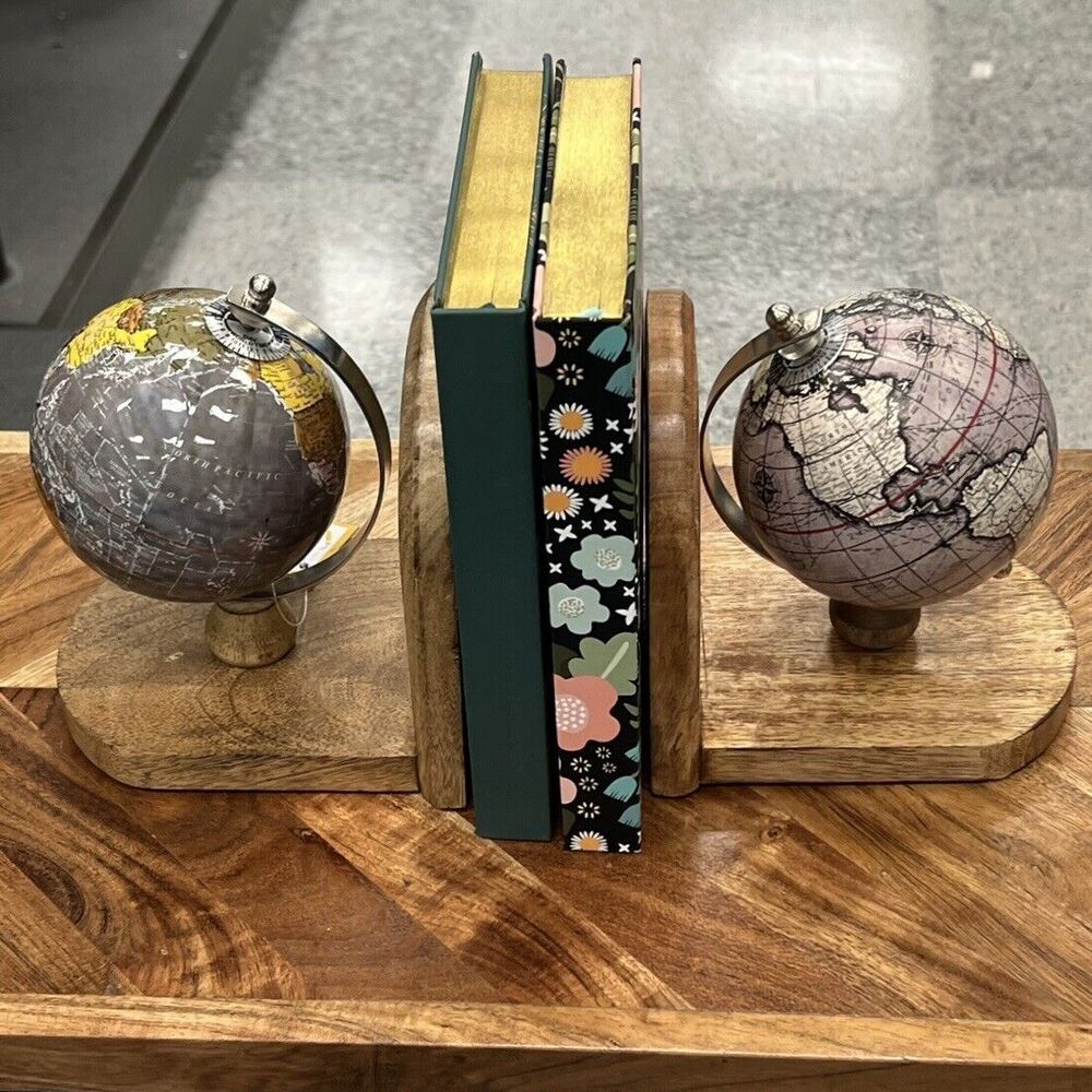 Mini Globe Wooden Bookends Set of 2 Mixed Pair World Map Multicolored India NWT